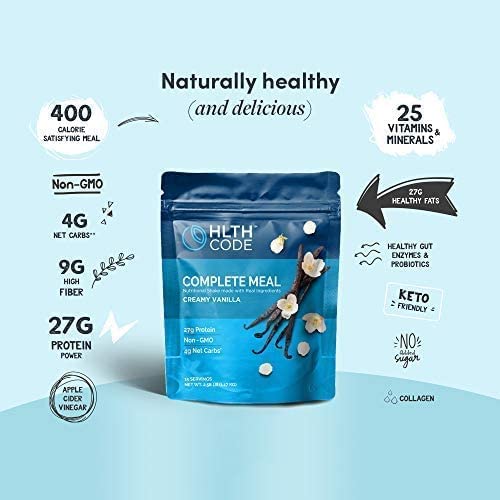 HLTH Code Complete Meal Replacement Shake - Healthiest Meal Replacement = Healthiest You | Keto Friendly | High Protein | Low Carb | Collagen | Gluten Free | Creamy Vanilla Flavor (15 servings)