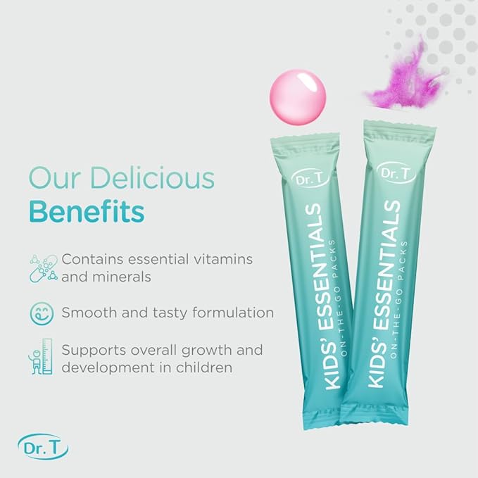 Dr. T On-The-Go Kids Essentials Packs – Direct-to-Mouth Powder – Essential Vitamins & Minerals, Smooth & Tasty, Supports Growth & Development – 30 Convenient Single-Serve Packs