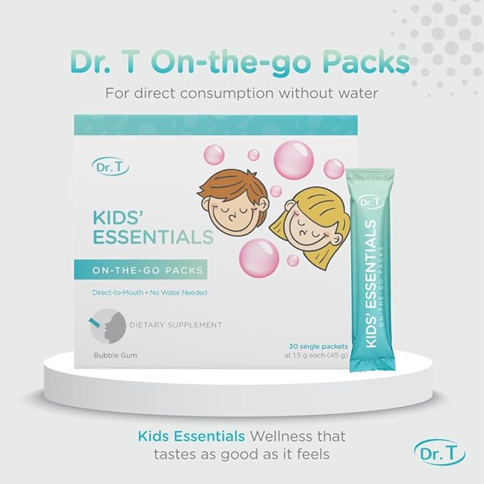 Dr. T On-The-Go Kids Essentials Packs – Direct-to-Mouth Powder – Essential Vitamins & Minerals, Smooth & Tasty, Supports Growth & Development – 30 Convenient Single-Serve Packs