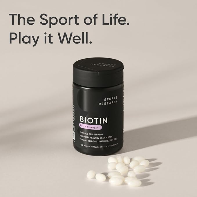 Sports Research Vegan Biotin 5000mcg with Organic Coconut Oil - Extra Strength Biotin Vitamin B7 for Healthier Hair & Skin + Keratin Support - Non-GMO & Gluten Free, 120 Softgels (4 Month Supply)