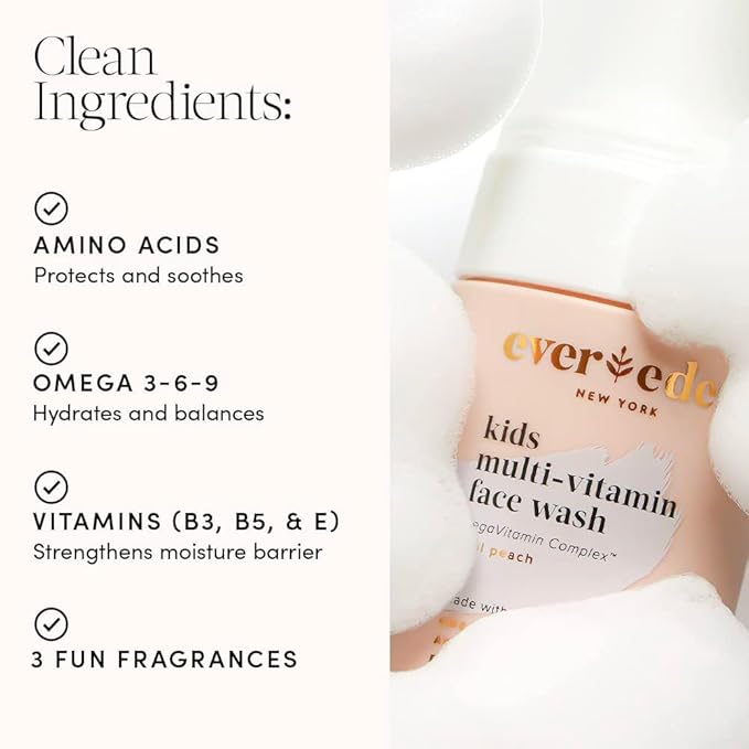 Evereden Kids Face Wash: Cool Peach, 3.4 fl oz. | Gentle Kids Skin Care | Non-toxic and Clean Ingredients | Multi-Vitamin Skin Care for Kids
