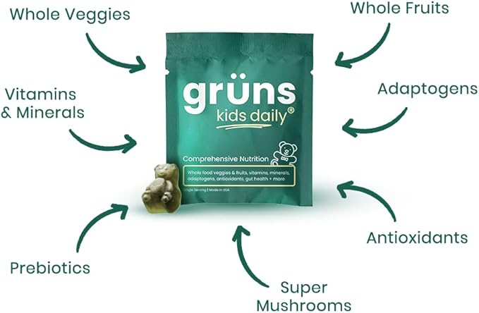 Gruns Kids Super Greens Gummies, Low Sugar - Superfood Gummy Bears with Spirulina, Chlorella & Prebiotics for Digestive Health - Adaptogens Supplement with 20 Vitamins & Minerals -1 Month Supply