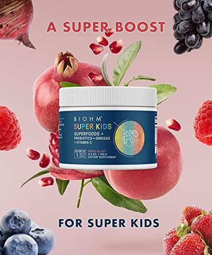 BIOHM Super Kids Superfood Powder + Probiotics - Delicious Berry Blast - 30 Servings - Beneficial Antioxidants & Omega-3 - Gluten Free, GMO Free, Dairy Free, No Artificial Ingredients, Vegetarian