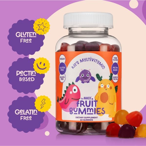 Naked Nutrition Kids Vitamin Gummies, Made in USA, GMO Free, Gluten-Free, Gelatin Free, Vegan, Kids Vitamins A, C, D, E, B6, B12, Zinc, 3 Fruit Flavors, 30 Day Supply