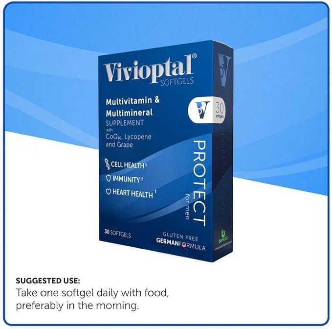 Vivioptal for Men, 30 Capsules, CoQ10, Lycopene & Resveratrol, Multivitamin & Multimineral, Gluten Free, German Formula