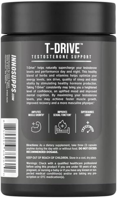 InnoSupps : T-Drive | Testosterone Booster | Amplify Muscle Growth | KSM-66 Ashwagandha, Boron, Fenugreek | 90 Capsules