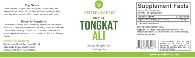 Antler Farms - 100% Pure Tongkat Ali Extract 200:1, 180 Capsules, 500mg - Eurycoma Longifolia Slow Grown Aged Roots from Indonesia – Men’s Health Support, Vegan, Gluten, Soy and Dairy Free