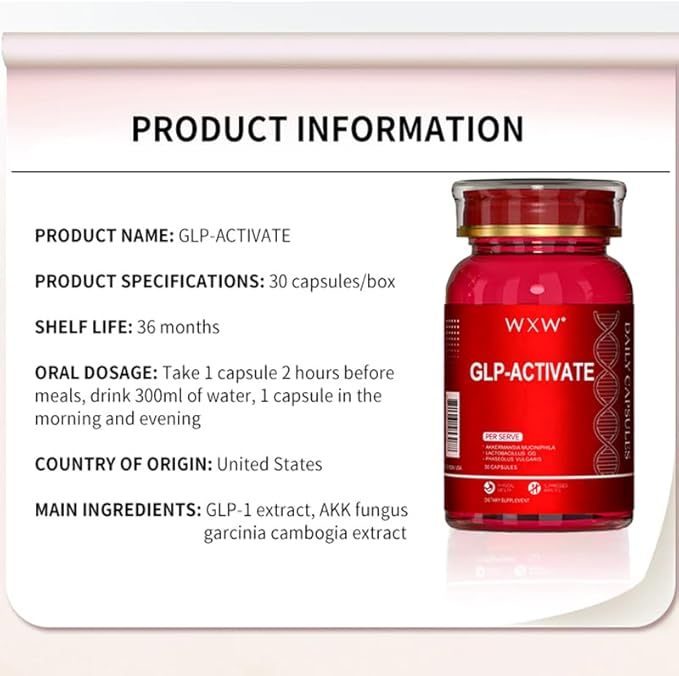 WXW GLP-1 Supplement, GLP Activate, GLP1 Supplements Naturally Support with Akkermansia Probiotic, Lactobacillus GG for Metabolism Gut Health, 30 Capsules