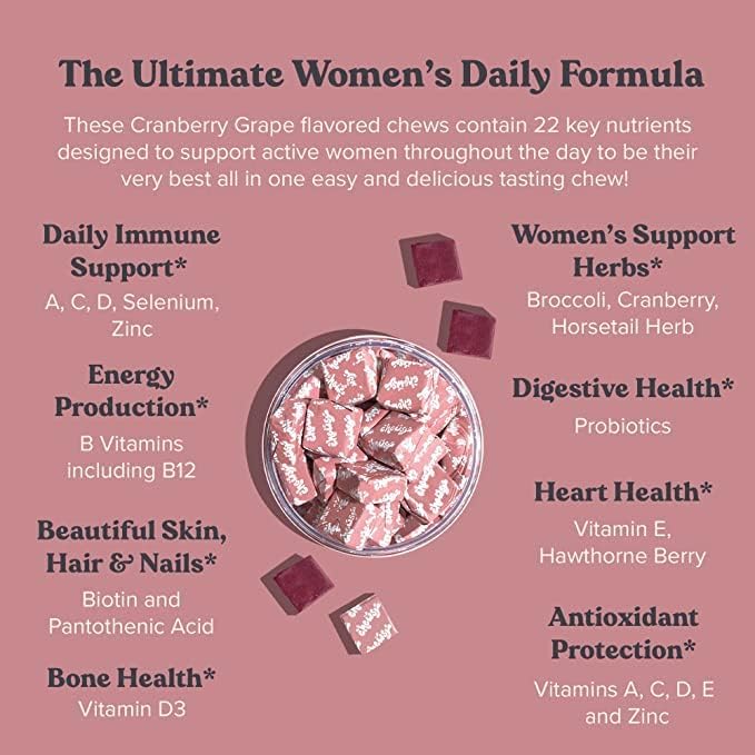 Chewsy Women's Multivitamin Chews, Immune & Energy Support, Vitamins C, B12, A, D, E, Folic Acid, Probiotics, Biotin, Cranberry, Adult Chewable Vitamin, Individually Wrapped Fruity Chews-6 Day Supply