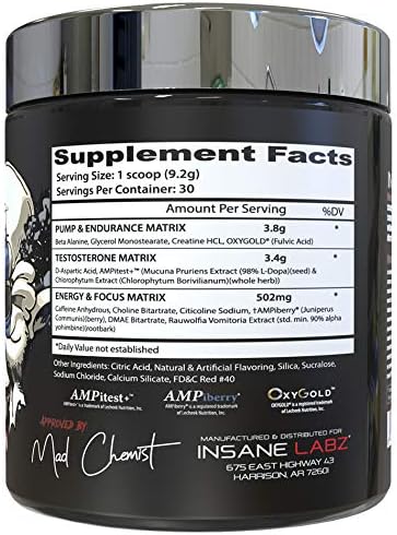Insane Labz Psychotic Test, High Stim Testosterone Energy and Pump Boosting Pre-Workout Powder with DMAE Bitartrate, D Aspartic Acid, Creatine HCL and Glycerol Monostearate, 30 Servings, Watermelon