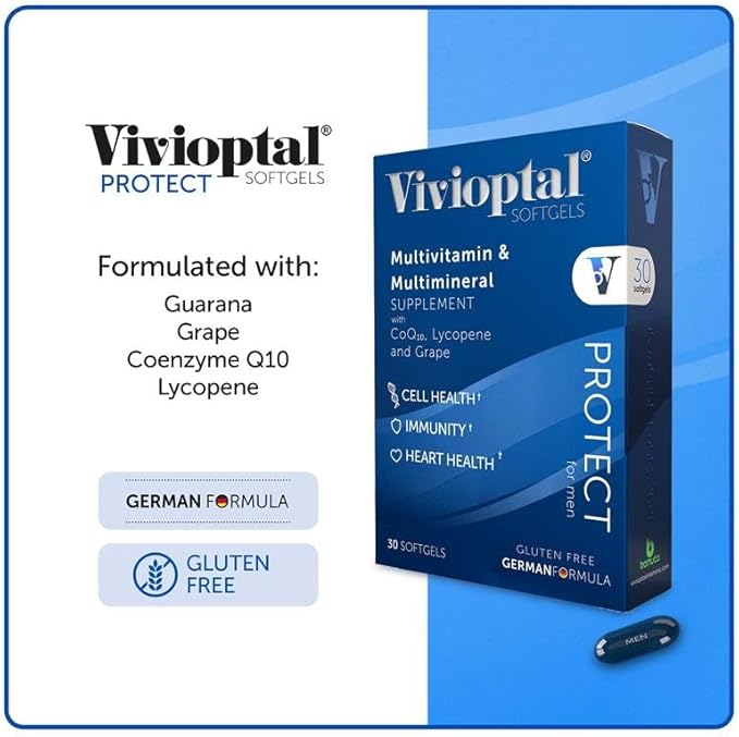 Vivioptal for Men, 30 Capsules, CoQ10, Lycopene & Resveratrol, Multivitamin & Multimineral, Gluten Free, German Formula