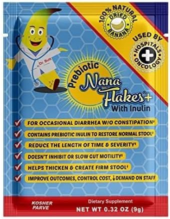 NuNutritional Designs, Prebiotic Nana Flakes with Inulin, 100% Pure Banana Flakes, Gut Health, High Protein & Fiber, Natural Diarrhea Remedy, IBS Relief, for Adults & Kids 4+ (100 Single-Serve Packs)