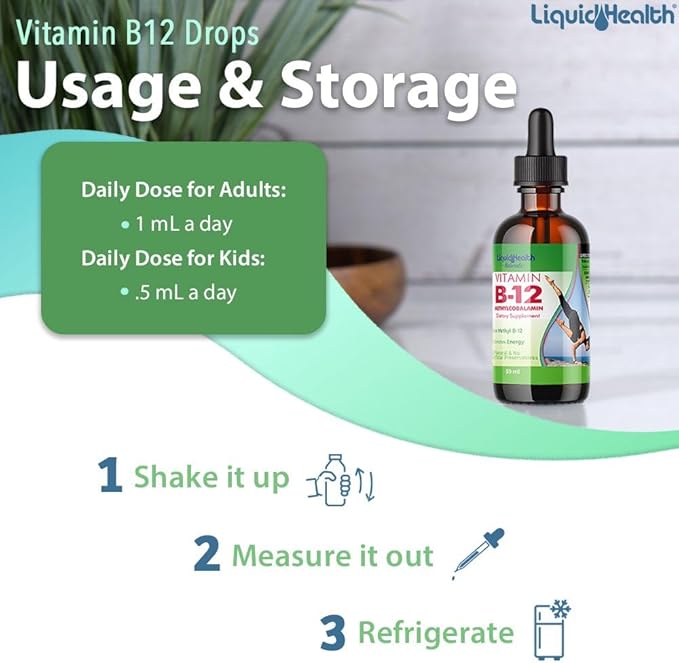 LIQUIDHEALTH Vitamin B12 Methylcobalamin Liquid Drops with Sublingual Hydroxocobalamin - Boost Energy, Support Immune System, Improve Memory & Concentration - Vegan, Sugar Free, Non-GMO (2 Pack)