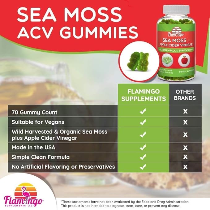 Sea Moss Gummies with Apple Cider Vinegar, Bladderwrack, and Burdock Root Organic- Sea Moss Gummies for Adults and Kids- Vegan, Organic, Irish Seamoss and ACV – 70 Ct