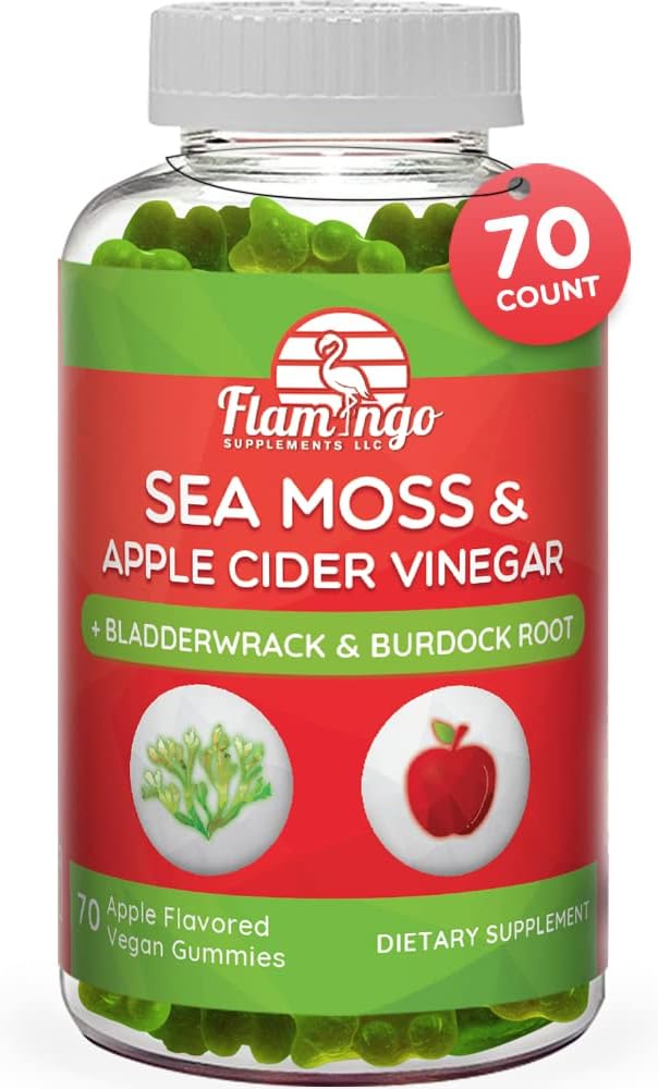 Sea Moss Gummies with Apple Cider Vinegar, Bladderwrack, and Burdock Root Organic- Sea Moss Gummies for Adults and Kids- Vegan, Organic, Irish Seamoss and ACV – 70 Ct