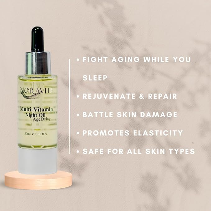 AgeDelay Multi-Vitamin Night Facial Oil - Intensive Skin Tightening Oil & Moisturizer - Nourishes Protects & Rejuvenates - Antioxidant Serum w/Vitamin E, Omega 3,6,9 & Seaweed - 30ml