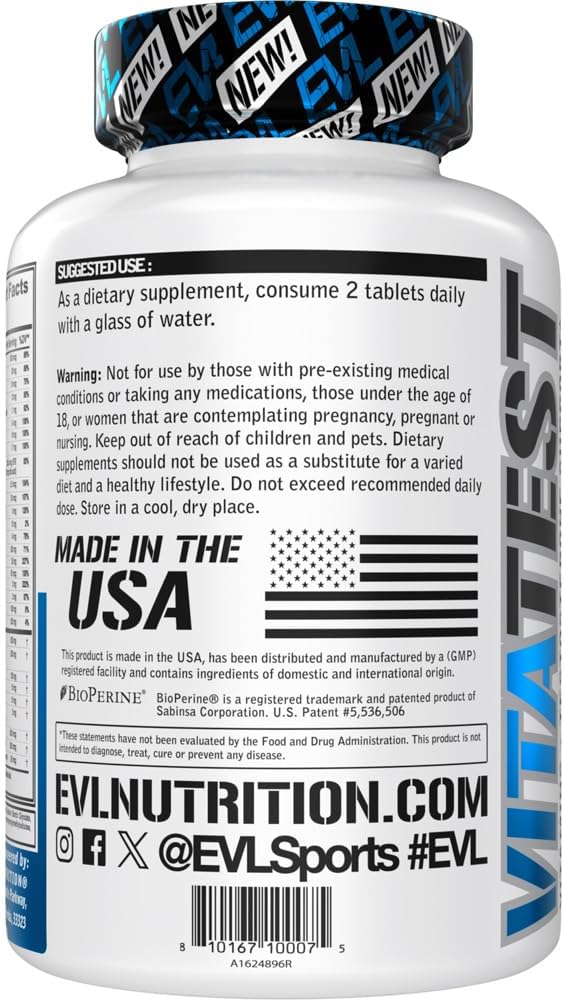 Evlution Nutrition VitaTest - Vitamins + Testosterone Support - Key Vitamin + Mineral Support - Men’s Daily Nutrient & Testosterone Support - Bone, Eye & Immune Support - 45 Servings - 90 Tablets