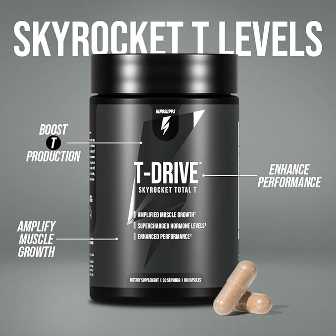 InnoSupps : T-Drive | Testosterone Booster | Amplify Muscle Growth | KSM-66 Ashwagandha, Boron, Fenugreek | 90 Capsules