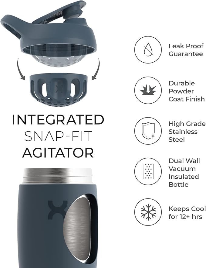 Promixx Pursuit Shaker Bottle Insulated Stainless Steel Water Bottle and Blender Cup, 18oz, Ocean Calm Blue