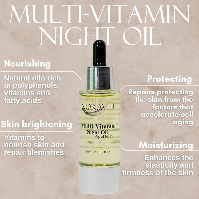 AgeDelay Multi-Vitamin Night Facial Oil - Intensive Skin Tightening Oil & Moisturizer - Nourishes Protects & Rejuvenates - Antioxidant Serum w/Vitamin E, Omega 3,6,9 & Seaweed - 30ml