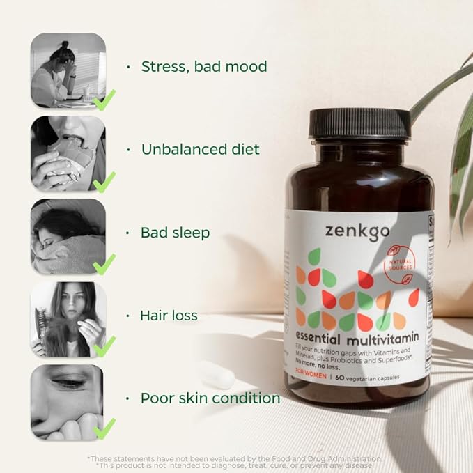 Zenkgo Multivitamins + Organic Whole Foods+Probiotics for Women, Supports Immunity, Digestion, Energy, Gut Health, Vitamins A, E, B6, B12, Vegan D3, K2 (MK-7), Folate, Minerals, Superfoods(60Ct/30Day)