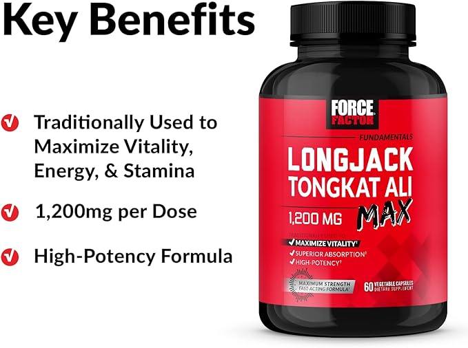 Force Factor Longjack Tongkat Ali Max for Men, Male Stamina and Vitality Supplement Made with Tongkat Ali Extract and Key Natural Ingredients for Superior Absorption, 1200mg, 60 Capsules
