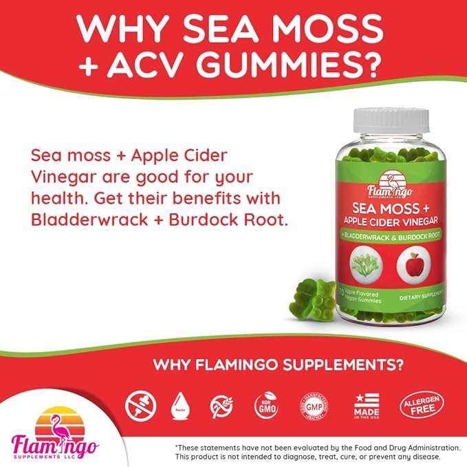 Sea Moss Gummies with Apple Cider Vinegar, Bladderwrack, and Burdock Root Organic- Sea Moss Gummies for Adults and Kids- Vegan, Organic, Irish Seamoss and ACV – 70 Ct