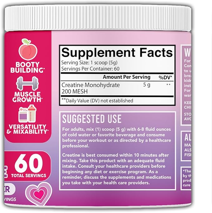 100% Creatine for Women, Premium Creatina Monohydrate Powder 200 Mesh Micronized, Glute Builder Supplement, Drink Mix, Unflavored, 60 Servings
