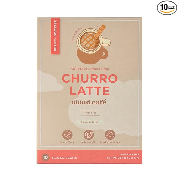 Collagen Infused Churro Latte Instant Coffee Packets - Vitamin B12, Marine Collagen, & Lions Mane Single Serve Instant Coffee (10 Sachets)
