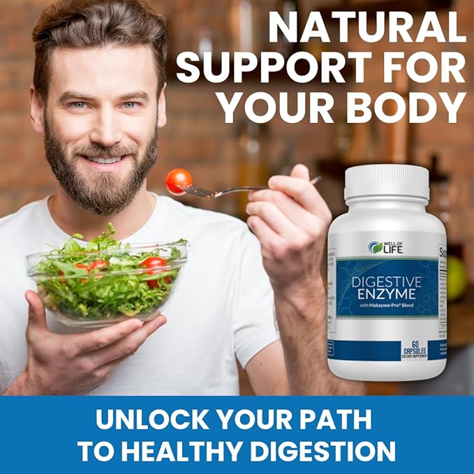 Well of Life Digestive Enzyme: 700mg, 60 Vegetarian Capsules, Enhance Digestive Health, Nutrient Absorption & Gut Health, Lactobacillus, Bromelain, Papain & More, All-Natural, Vegan, Made in USA