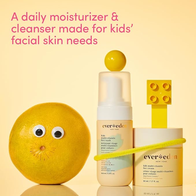 Evereden Kids Happy Face Duo (Fresh Pomelo) - Multi-Vitamin Kids Face Wash & Kids Face Cream Set - Clean & Vegan Skin Care for Kids 3+ - Moisturizing, Nourishing, & Protective Kids Skin Care Set