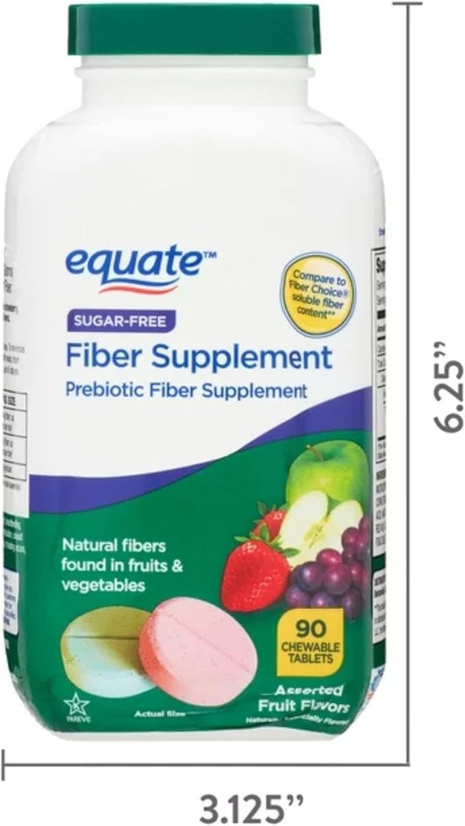 Equate Daily Fiber Sugar Free Prebiotic 90 Chewable Tablets (2 Packs) Bundle with Reusable Food Pouch