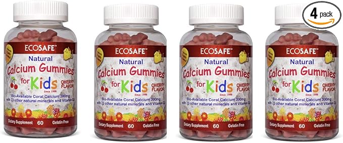 Coral Calcium Vitamin D3 Kids Gummy, Natural Cherry Flavor, Non GMO, Gluten-Free, Dairy-Free, Soy-Free and Gelatin Free - 300 mg of Calcium, and 800 IU of Vitamin D3-60 Gummies (4 Pack)