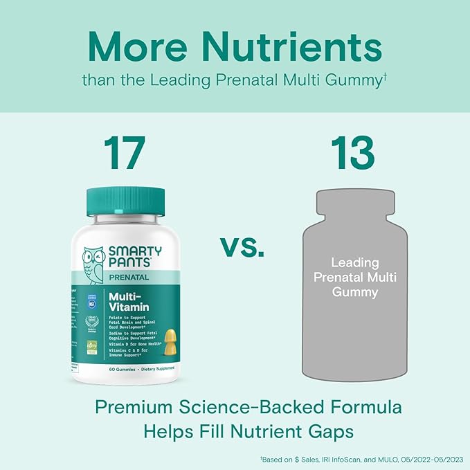 SmartyPants Prenatal Vitamins for Women, Multivitamin Gummies: Pre and Postnatal Vitamins, Biotin, Methylfolate, Vitamin D3, C, Vitamin B12, B6, Vitamin A, K & Zinc, 60 Count (30 Day Supply)