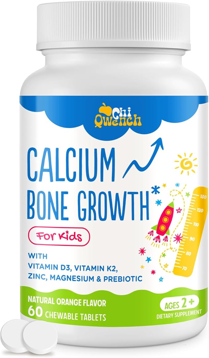 500 MG Calcium Supplement with Vitamin D3 & K2, Zinc, Magnesium & Prebiotics. Kids Vitamins for Kids' Height. Bone Strength, High Absorption, Orange Chewables, Non-GMO, Gluten Free, 60 Tabs
