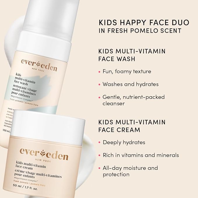 Evereden Kids Happy Face Duo (Fresh Pomelo) - Multi-Vitamin Kids Face Wash & Kids Face Cream Set - Clean & Vegan Skin Care for Kids 3+ - Moisturizing, Nourishing, & Protective Kids Skin Care Set
