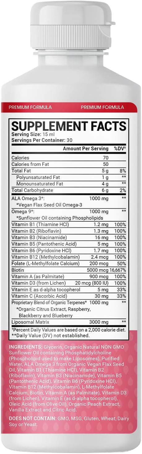 Women’s Multivitamin 450ML of Natural Peach Flavored Supplement Increasing Heart, Memory, and Nervous System, with Omega 3, Liposomal, and 5000MCG of Biotin for Healthy Hair