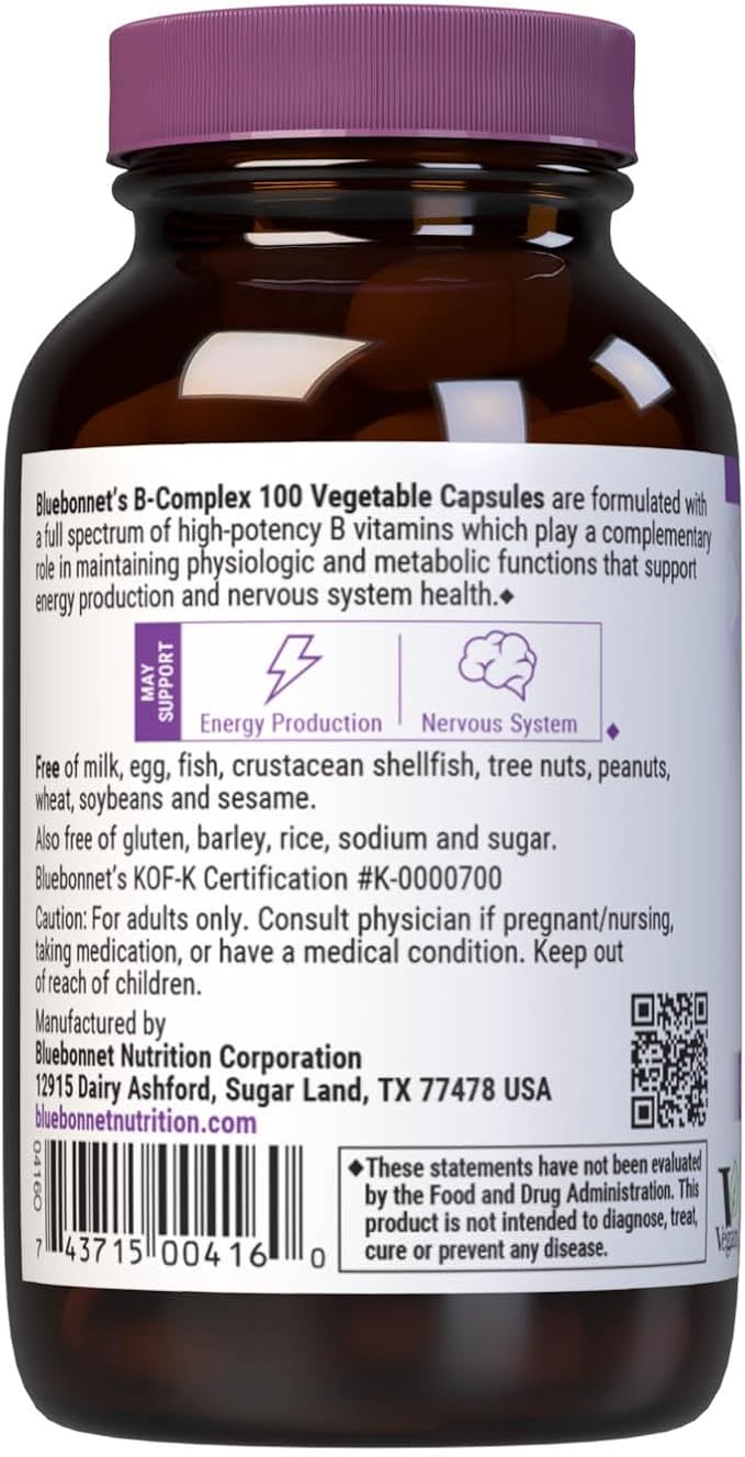Bluebonnet Nutrition B Complex 100 Vegetable Capsules, Complete Full Spectrum, Vitamin B6, B12, Biotin, Folate, Vegan, Vegetarian, Gluten Free, Soy Free, Milk Free, Kosher, 50 Vegetable Capsules