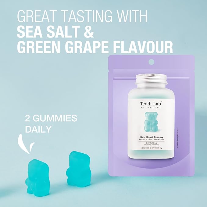 Unichi Hair Boost Gummy 20 Count, 5200mcg Biotin Formulated with Zinc, Pantothenic Acid and Vitamin A C E for Stronger and Thicker Hair, Great Tasting with Sea Salt & Green Grape Flavour