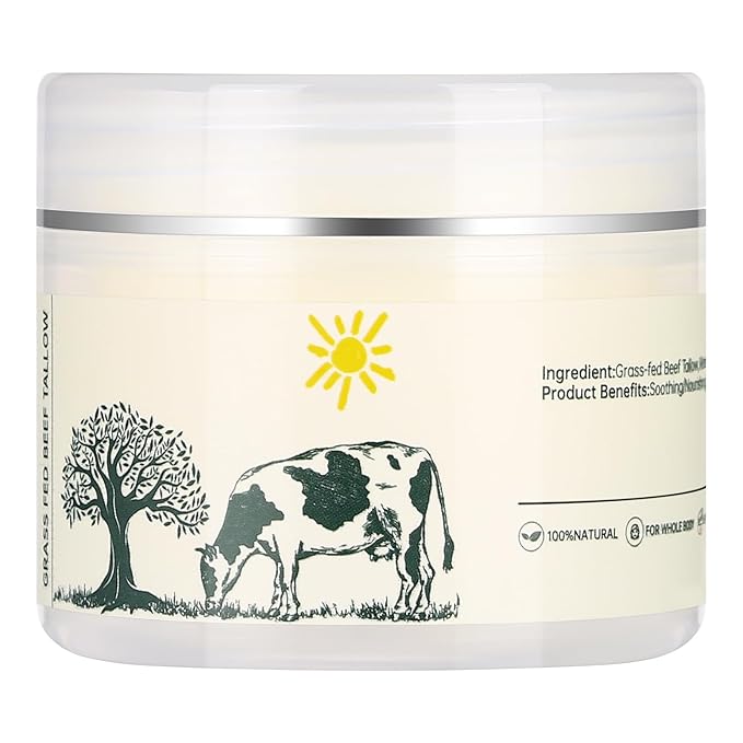 Beef Tallow for Skin, Grass Fed Organic Tallow Balm, Whipped Tallow Face Moisturizer, All-Natural Body Lotion for Dry Skin, Unscented Tallow Cream for Face and Body Care