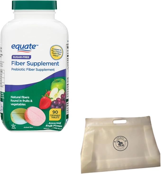Equate Daily Fiber Sugar Free Prebiotic 90 Chewable Tablets (1 Pack) Bundle with Reusable Food Pouch