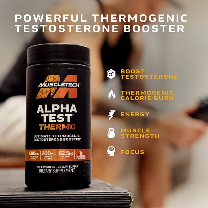 MuscleTech AlphaTest Thermo Thermogenic Testosterone Booster| Muscle Strength Builder for Men | Workout Supplement | 90 Capsules | 30 Servings