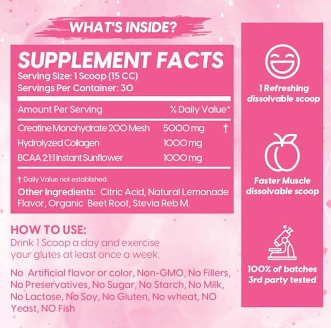 Booty Pump Formula - Pink Lemonade Creatine Blend for Women, BCAAs & Collagen, Muscle Gain & Booty Growth Enhancer, Grit-Free Formula Creatina Para Mujeres Queratina Para Musculos