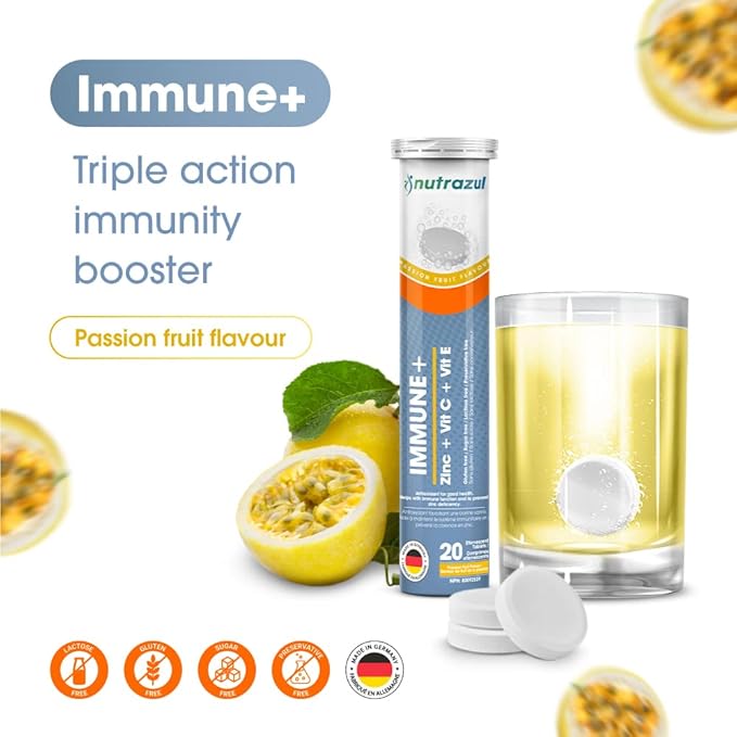 nutrazul Immune+ Effervescent Tablets | Vitamin C and Zinc with Vitamin E | 60 Tablets | Immune Support for Adults & Kids | Ideal for Flu Season Protection | Passion Fruit Flavor
