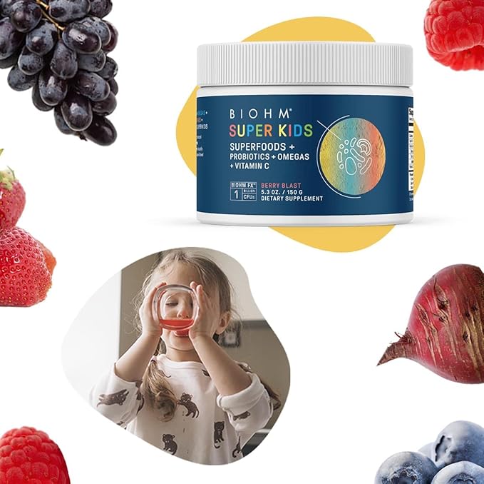 BIOHM Super Kids Superfood Powder + Probiotics - Delicious Berry Blast - 30 Servings - Beneficial Antioxidants & Omega-3 - Gluten Free, GMO Free, Dairy Free, No Artificial Ingredients, Vegetarian