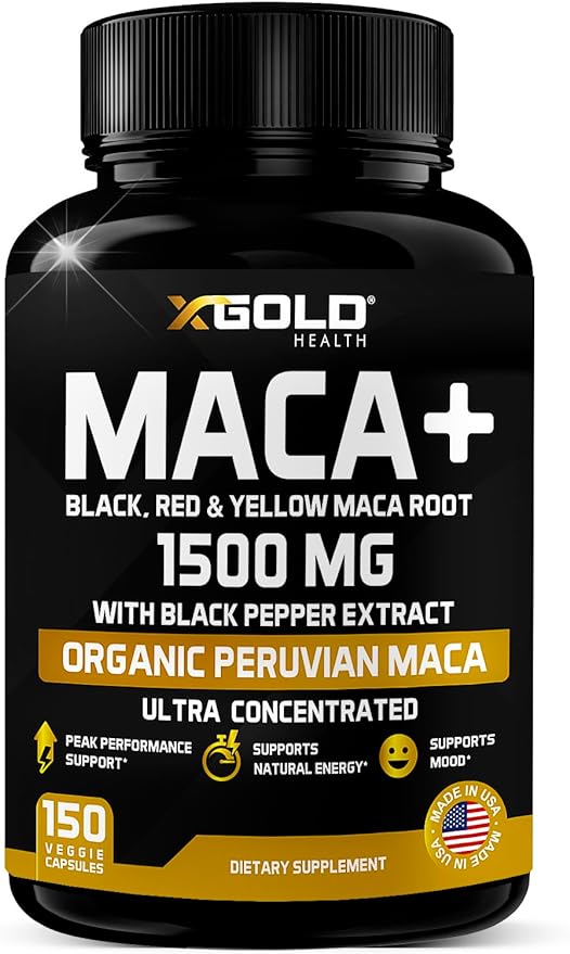 X Gold Health Organic Maca Root Powder Capsules 1500mg with Black | Red & Yellow Peruvian Maca Root Extract Gelatinized, Energy & Mood Supplement for Men & Women + Black Pepper for Best Benefits