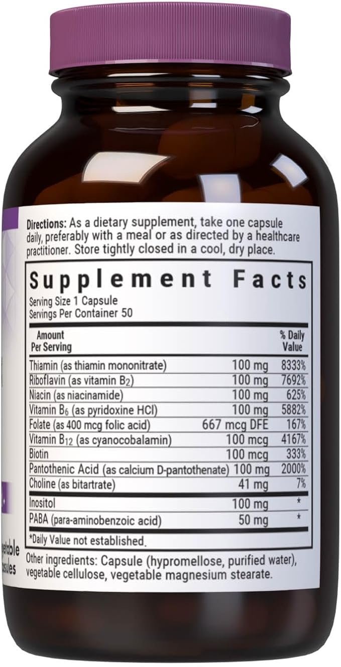 Bluebonnet Nutrition B Complex 100 Vegetable Capsules, Complete Full Spectrum, Vitamin B6, B12, Biotin, Folate, Vegan, Vegetarian, Gluten Free, Soy Free, Milk Free, Kosher, 50 Vegetable Capsules