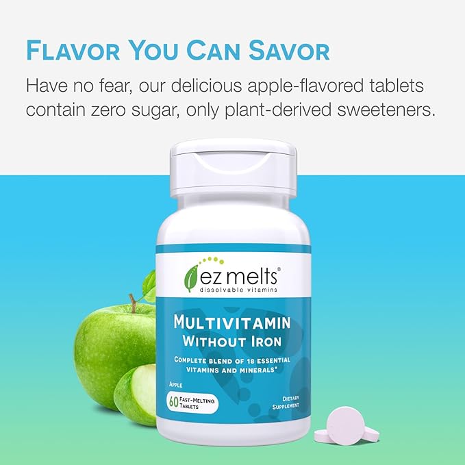 EZ Melts Dissolvable Multivitamin Without Iron, 18 Vitamins & Minerals Including Vitamin A, Biotin, Vitamin B12, Vitamin C, Vitamin D3, Zinc and More, Sugar-Free, 1-Month Supply