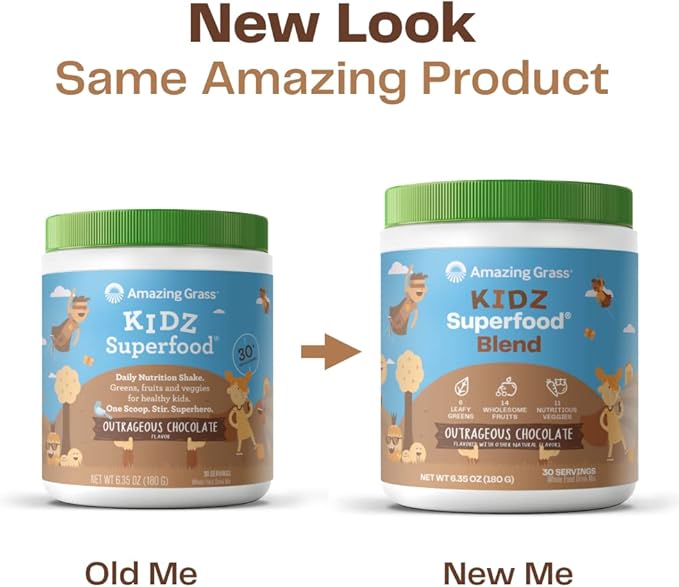 Amazing Grass Kidz Superfood: Organic Greens, Fruits, Veggies, Beet Root Powder & Probiotics for Healthy Kids, Outrageous Chocolate, 30 Servings, 6.35 Ounce (Pack of 1)