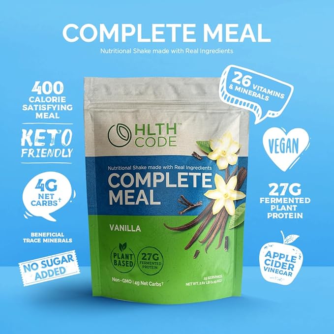 HLTH Code Complete Meal Replacement Shake - Healthiest Meal Replacement = Healthiest You | Keto Friendly | High Protein | Low Carb | Collagen | Gluten Free | Plant Based Vanilla (15 servings)